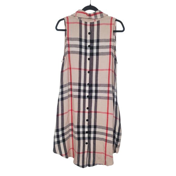 Beige Black RedCheck Dress Sz 4/6 Sz S sleevless w/pockets linen rayon buttons - Picture 2 of 8